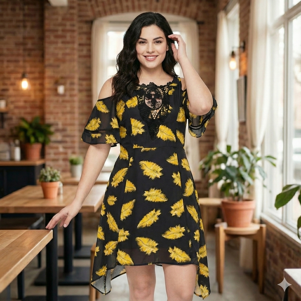 Disney's Beauty & the Beast Black & Yellow Feather Print Cold Shoulder Dress